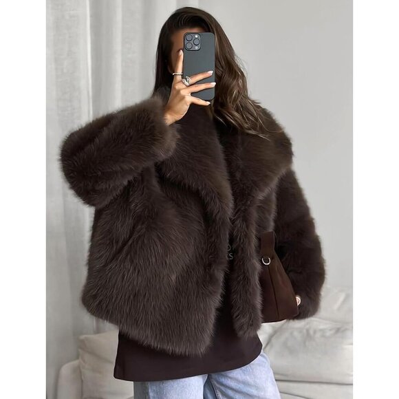 Womens Coffee Faux Fur Coat Shaggy Fluffy Jacket Long Sleeve Warm Winter Outwear - Picture 4 of 7